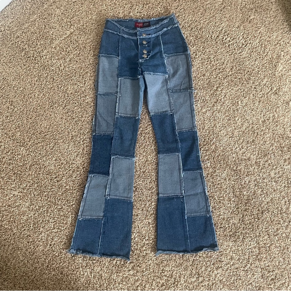 Younique Blue Flare Wide Leg Jeans with Unique Patchwork Design
